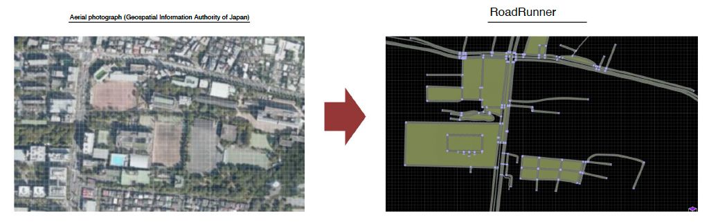 Comparaison d'une vue aérienne de l'itinéraire du véhicule avec l'itinéraire simulé dans RoadRunner, qui apparaît comme une carte simplifiée avec des routes représentées sous forme de lignes.