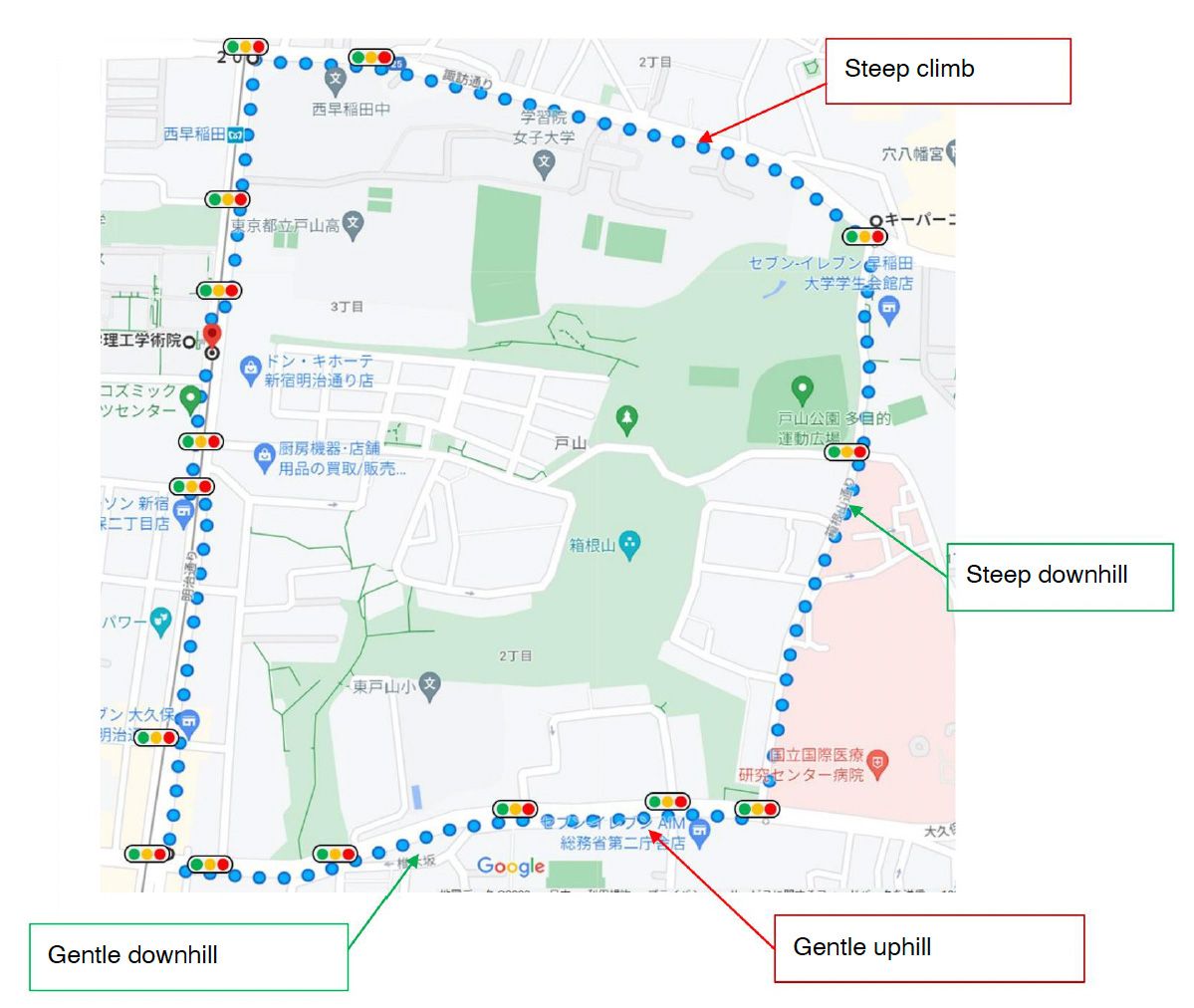 Une carte avec un itinéraire mis en évidence le long d'une route. La carte comprend également des feux de circulation.