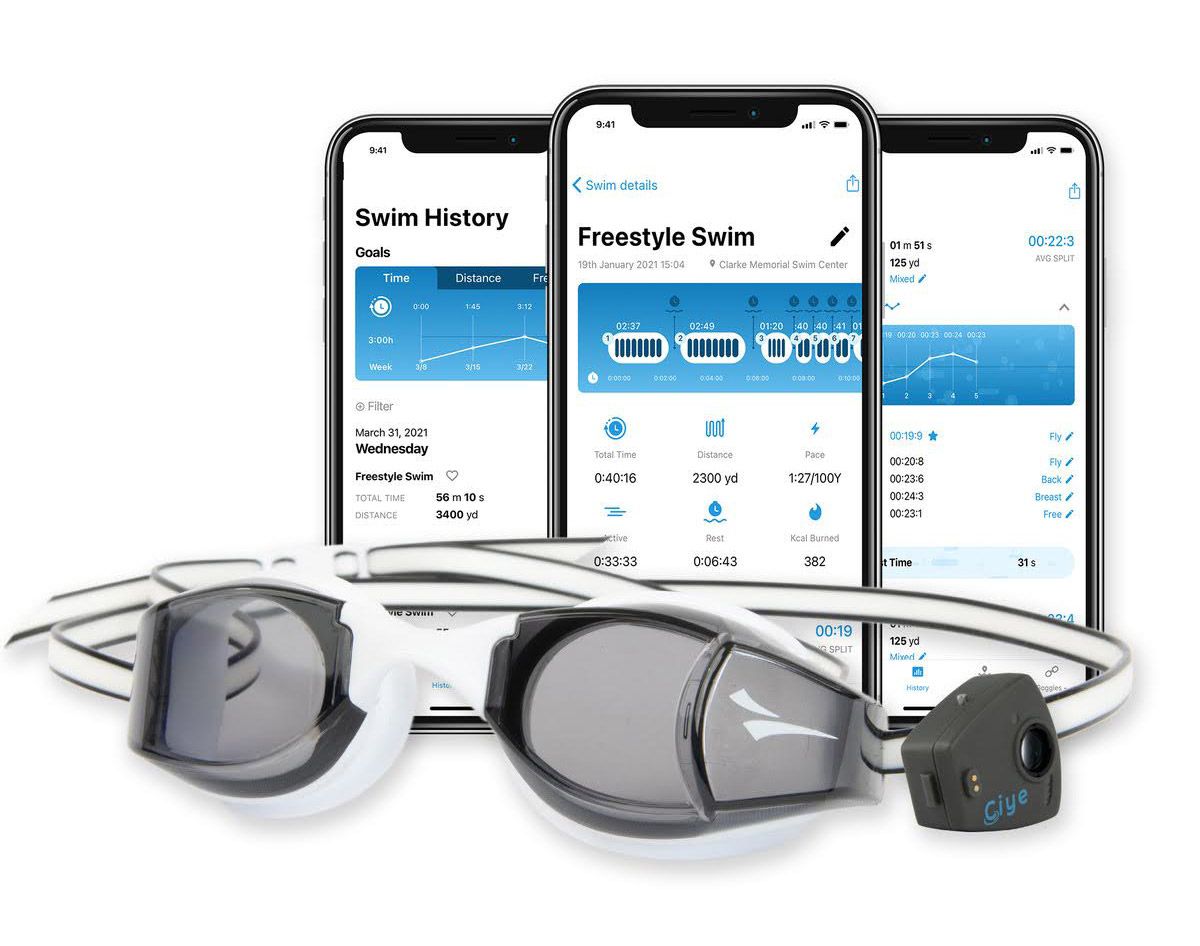 A Smart Goggle with the Ciye module attached. Three phones display the Ciye app with data such as freestyle swim and swim history.