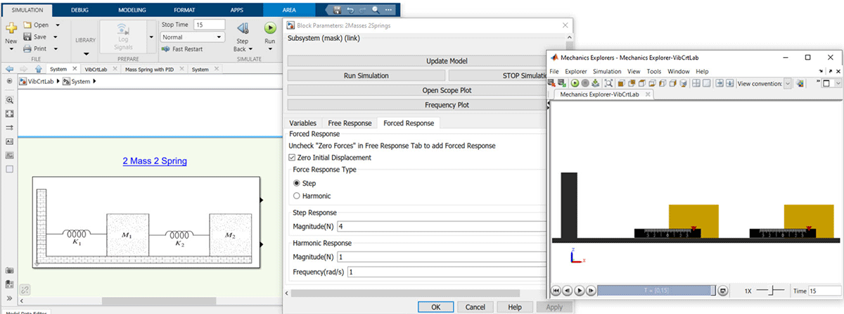 Screenshot of MATLAB app with two-mass spring simulation. 