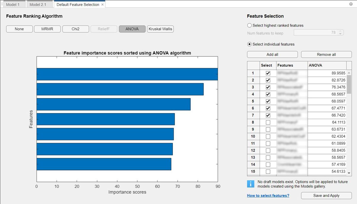 Capture d'écran de l'application Classification Learner montrant la fonction de classement des caractéristiques.