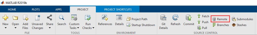 A screenshot of the MATLAB Project tab with ‘Remote’ highlighted.