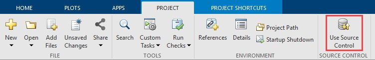 A screenshot showing the Project tab in MATLAB, with the ‘Use Source Control’ button selected.