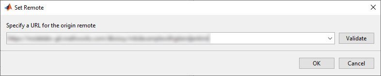 A screenshot of the Set Remote pop-up. It has a form for specifying a U R L for the origin remote. The given U R L is blurred and there is a validate button along with an OK button at the bottom.