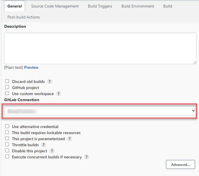 A screenshot of a pop-up window with the General tab selected. There is a dropdown menu for selecting the GitLab Connection, a form for description, and several other options.