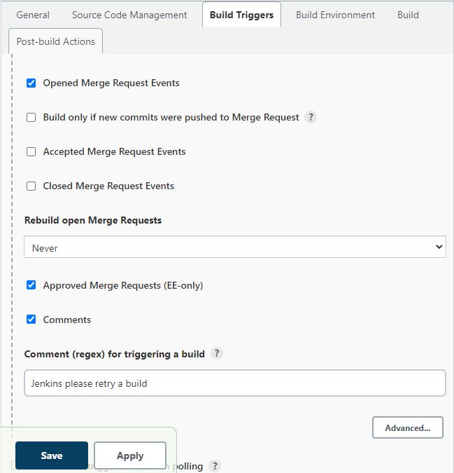 Another screenshot of the Build Triggers tab. Under Post-build actions, Opened Merge Request Events, Approved Merge Requests, and Comments are selected, with a comment ‘Jenkins please retry a build’ filled in. There are save and apply buttons.