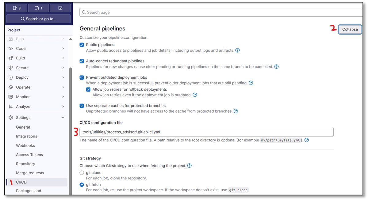 A screenshot showing the GitLab CI/CD pipeline configuration settings where users specify the path to their .yml file, helping them correctly configure automated builds.