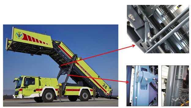 Three images showing the rescue stairs on a runway, the staircase extension on the vehicle, and a zoomed-in view of the locking mechanism.
