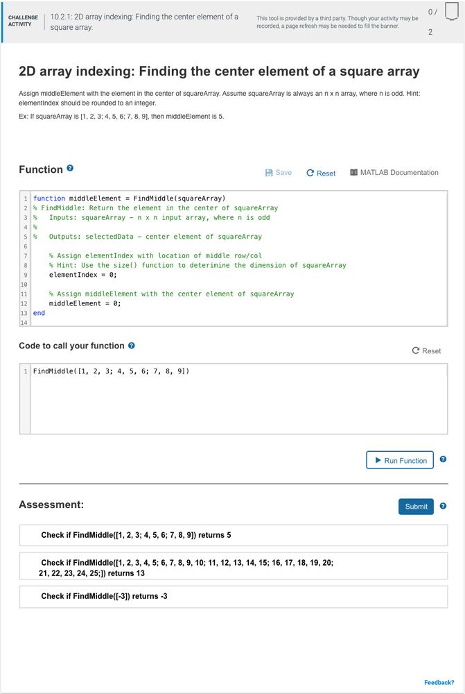 Figure 2. Array indexing exercise. Image credit: Introduction to MATLAB zyBook.