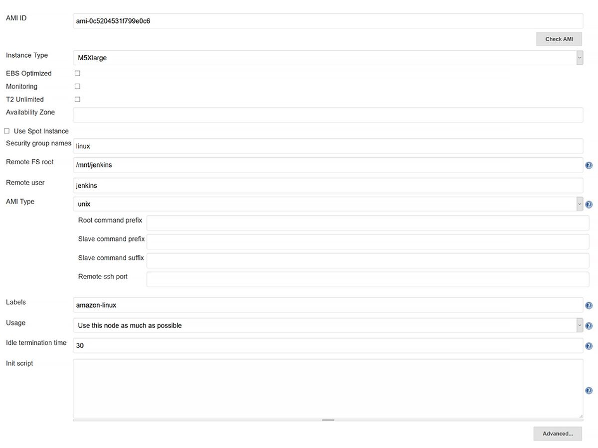 A screenshot showing options to configure the EC2 plugin for Jenkins when installing.
