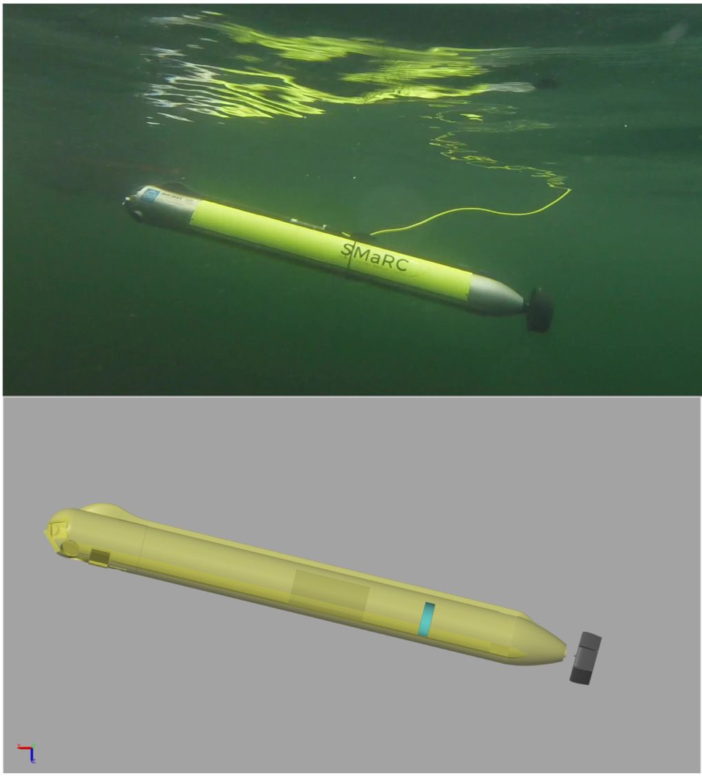An image of the submerged SAM compared with a 3D representation of the AUV.