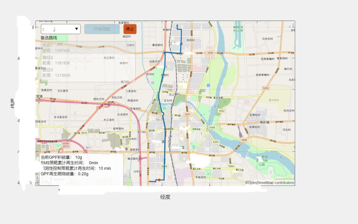 A screenshot of the web application, showing a previously traveled route, hosted via MATLAB Web App Server.