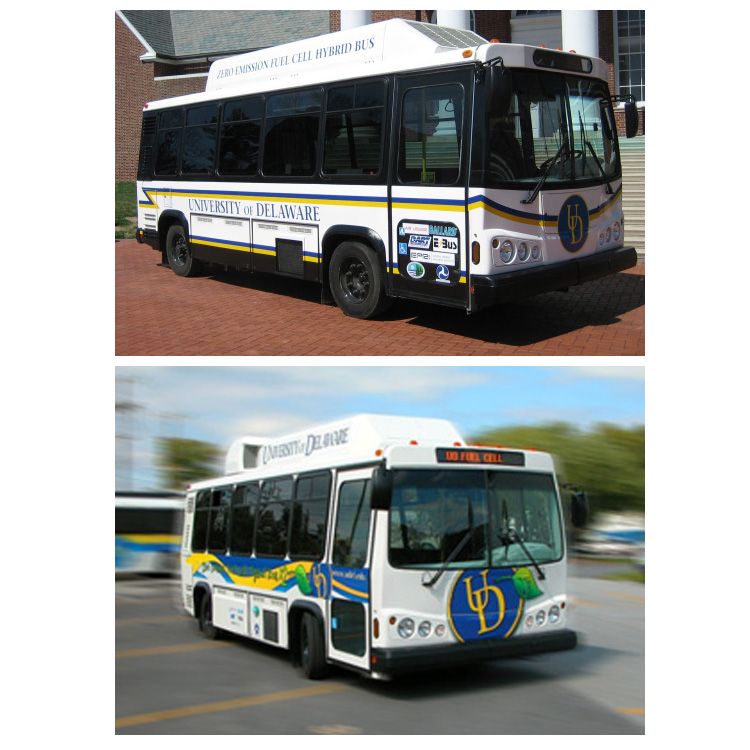 Un bus hybride à pile à combustible de phase 1 de l'Université du Delaware et un bus hybride à pile à combustible de phase 2 circulant sur le campus.