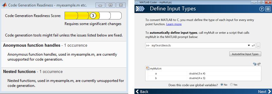 Figure 2. Left: Automated checks for features and functions not supported for code generation. Right: Automated analysis and proposal for input data type and sizes.