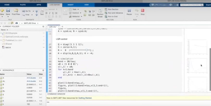 Figure 4. The live script for the LQR control lesson running in a browser with MATLAB Online.