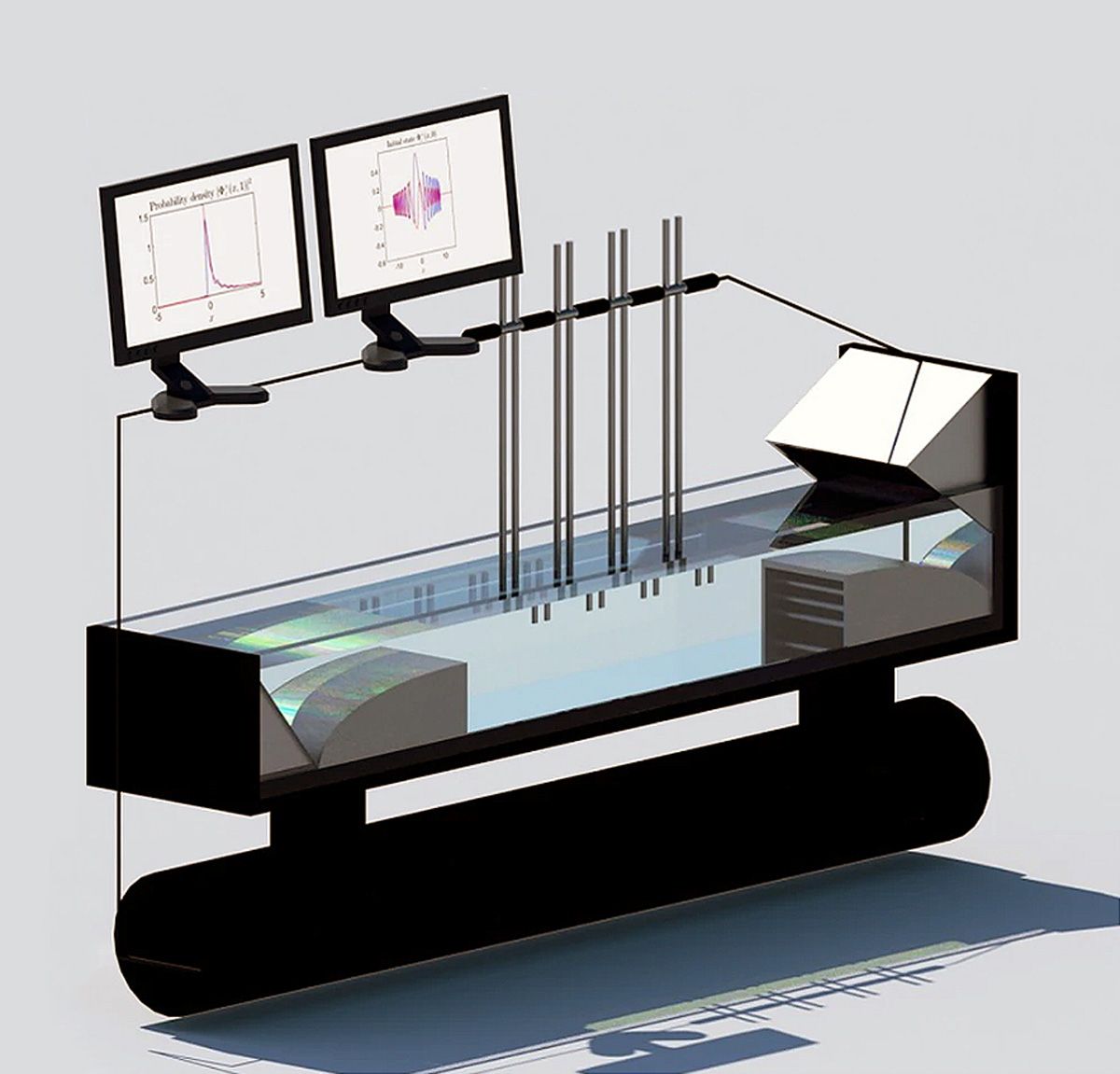 Illustration d'un réservoir d'eau de laboratoire, utilisé pour créer des ondes gravitationnelles de surface.