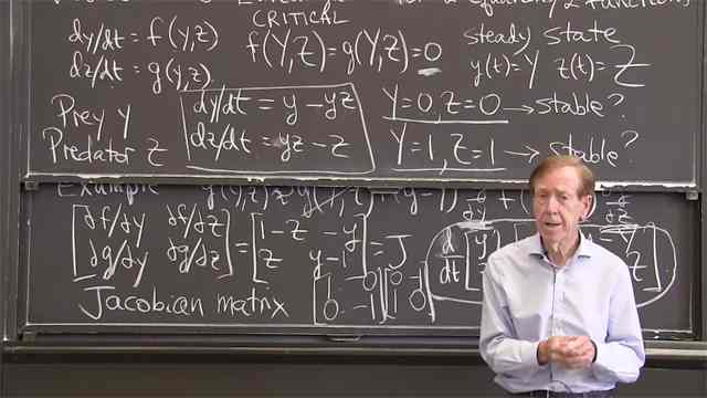 With two equations, a critical point has <em>f(Y,Z)</em> = 0 and <em>g(Y,Z)</em> = 0. Near those constant solutions, the two linearized equations use the 2 by 2 matrix of partial derivatives of <em>f</em> and <em>g</em>.