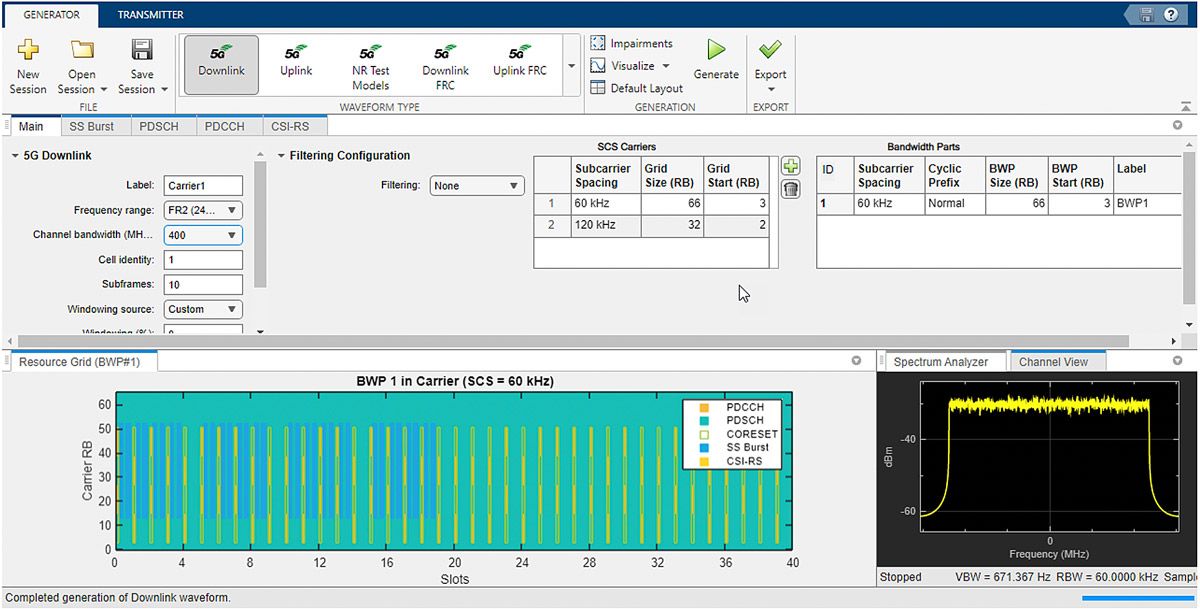 Capture d'écran de l'application Wireless Waveform Generator qui permet de générer des formes d'onde 5G personnalisées (entièrement définies par l'utilisateur).