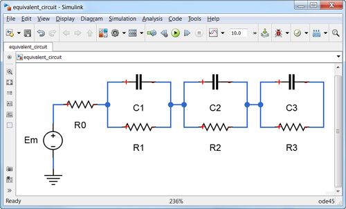 Circuit équivalent d'une batterie avec trois constantes de temps distinctes, une résistance interne et un potentiel en circuit ouvert. Circuit équivalent d'une batterie avec trois constantes de temps distinctes, une résistance interne et un potentiel en circuit ouvert.