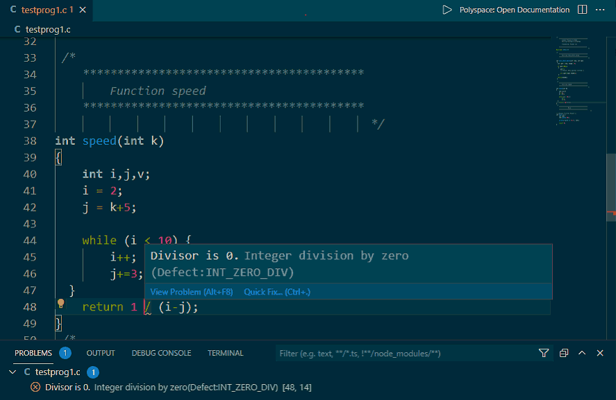 Détection des erreurs de codage avec le plugin Polyspace as You Code dans Visual Studio Code.