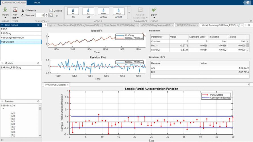 Capture d'écran de l'application Econometric Modeler