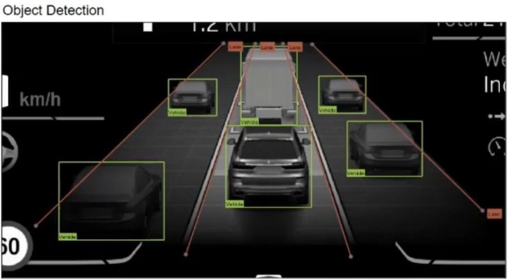 Capture d'écran de l'Assisted Driving View de B M W illustrant la détection des objets.