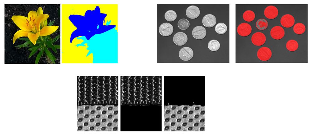 Trois exemples illustrant l'utilisation de la segmentation d’images pour identifier des régions, avec des comparaisons côte-à-côte de l'image d'origine et des images segmentées.