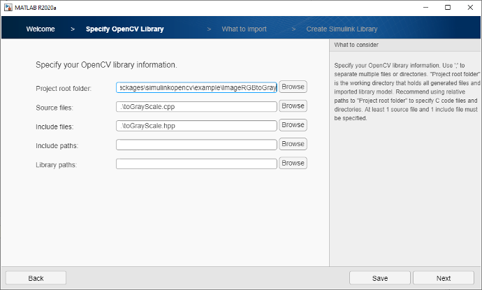Spécification des emplacements de fichiers pour la bibliothèque OpenCV.