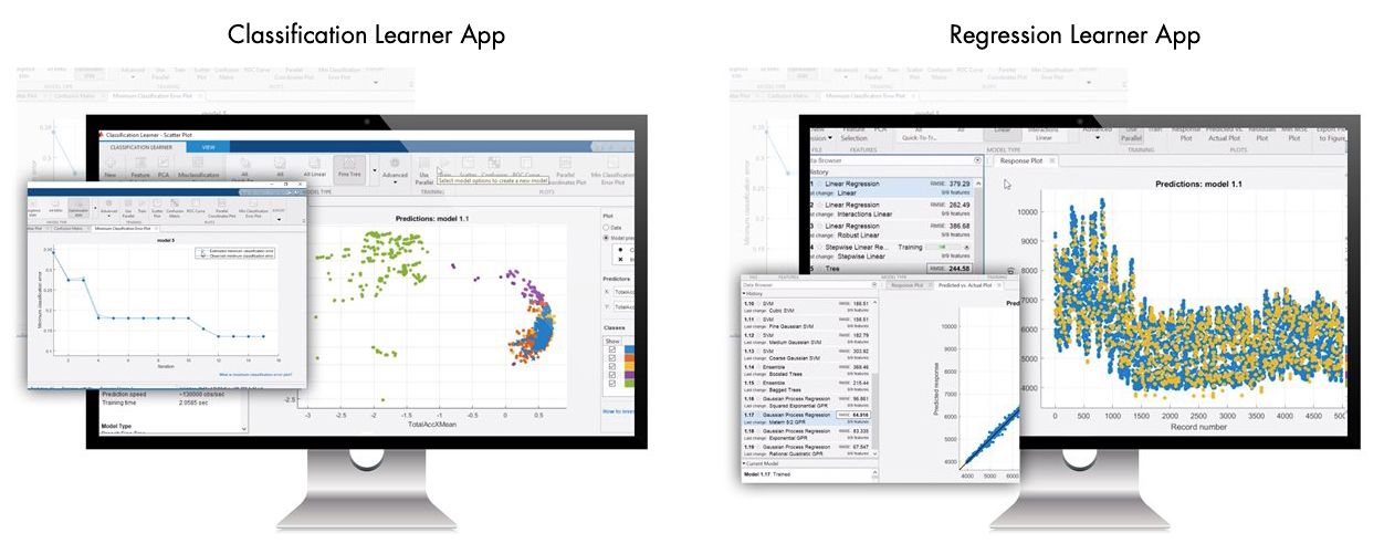 Capture d'écran de l'application Classification Learner et de l'application Regression Learner, montrant les étapes pour la création des modèles de Machine Learning et la visualisation des résultats de la classification et de la régression.