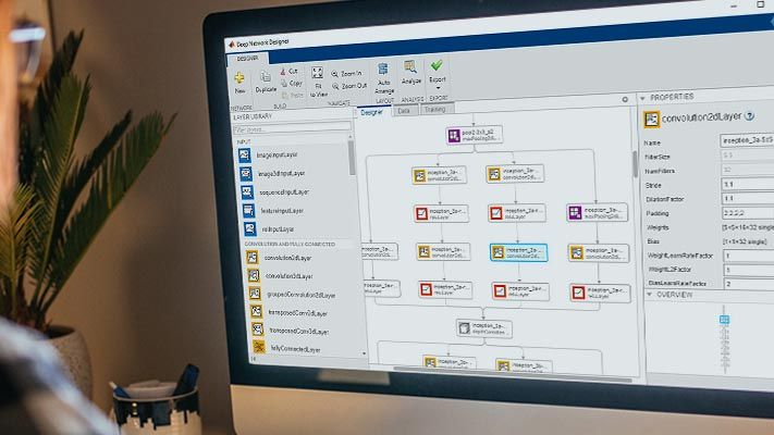 Capture d'écran de l'application Deep Network Designer, utilisée pour concevoir des réseaux de neurones profonds.