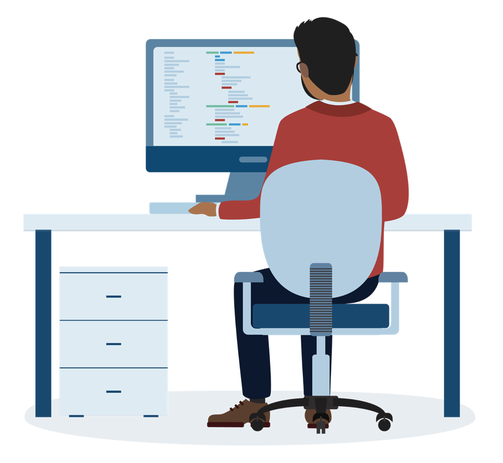 Illustration d'un homme assis à un bureau avec un ordinateur affichant un code et différentes couleurs à l'écran.