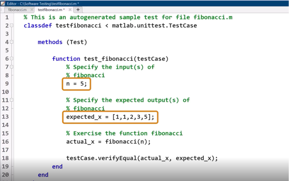 Capture d'écran d'un code MATLAB pour un test logiciel, les valeurs à fournir pour la classe de test unitaire étant entourées en orange.