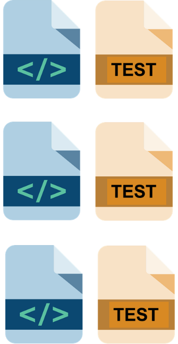 Trois rangées d'icônes représentant le code dans la colonne de gauche et les tests correspondants dans la colonne de droite.