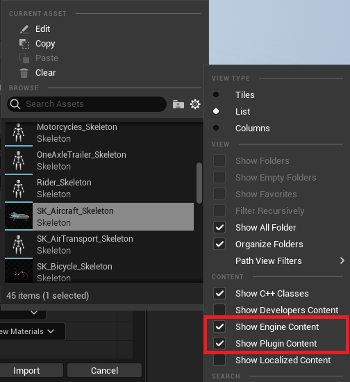 FBX Import Options indicating show engine and show plugin content are both enabled