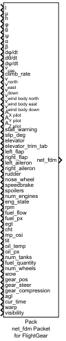 Pack net_fdm Packet for FlightGear block icon with all check boxes selected.