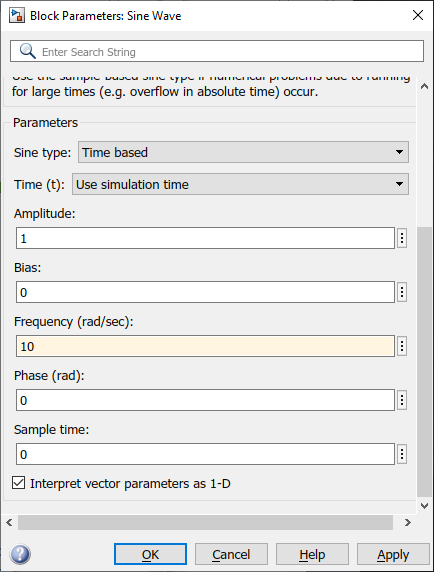 Sine Wave block configured for frequency 10