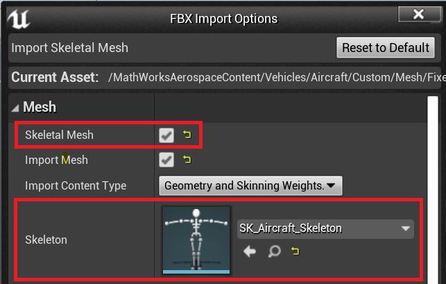 FBX Import Options with Mesh and Skeleton highlighted