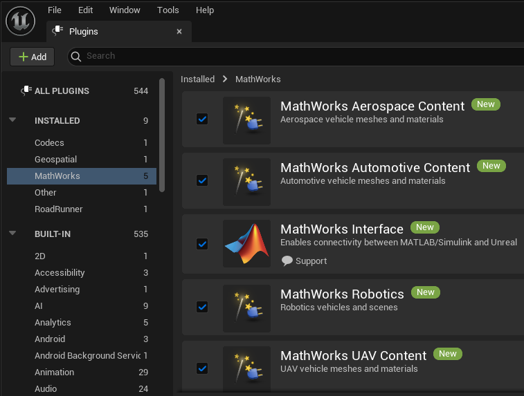 Mathworks Plugins in Unreal Editor