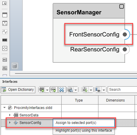 The FrontSensorConfig port is highlighted and the SensorConfig Interface is highlighted in the Interface Editor, with the Assign to selected port(s) object highlighted.