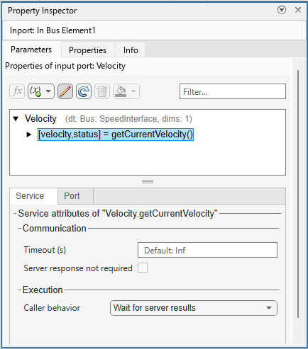 Property Inspector showing communication and execution service properties of client port velocity.