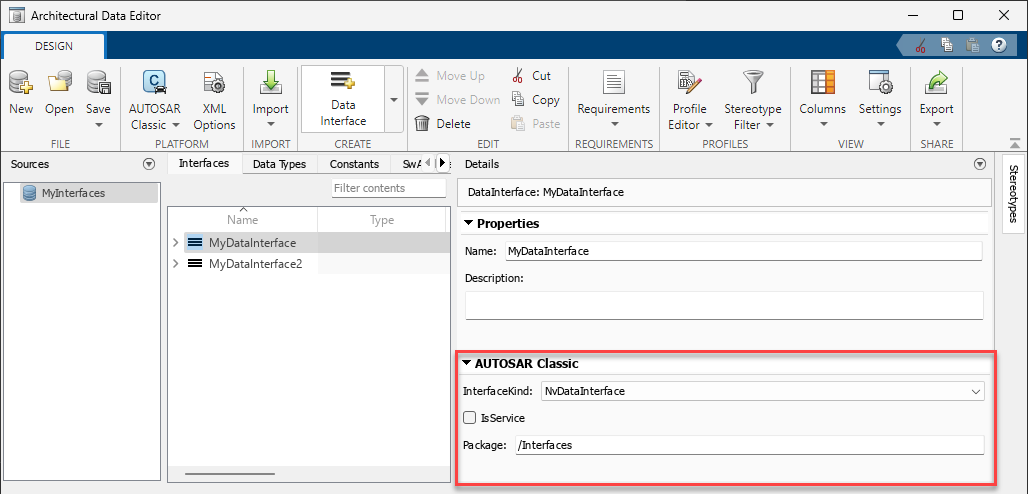 Architectural Data Editor displaying AUTOSAR Classic platform-specific properties.