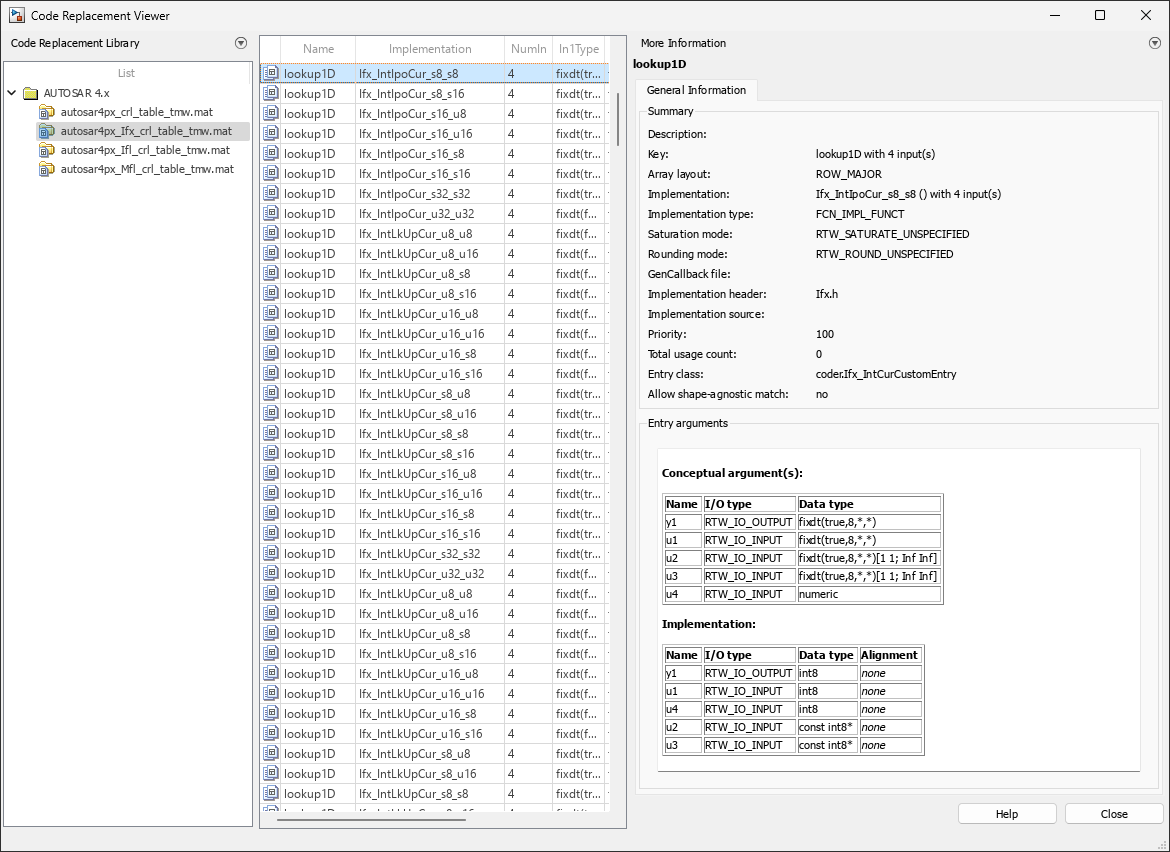 Code Replacement Viewer. AUTOSAR 4.x code replacement library is expanded with one the IFX routines selected.