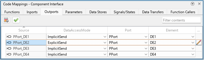 Code Mappings editor. Outports tab is selected and PPort_DE2 is highlighted with data access mode set to ExplicitSend.
