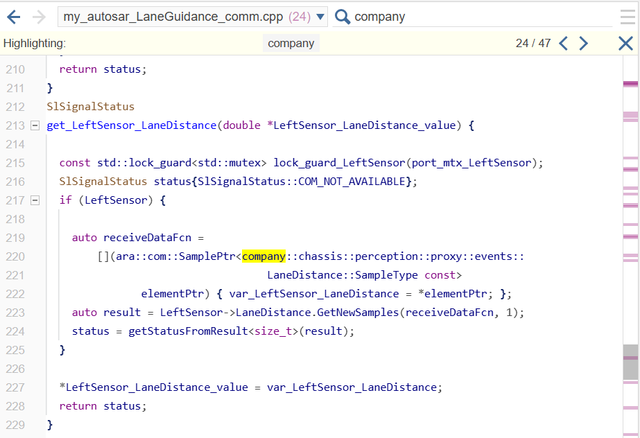 Code view showing my_autosar_LaneGuidance_comm.cpp with company highlighted in the search results, showing namespace usage in the generated service implementation code.