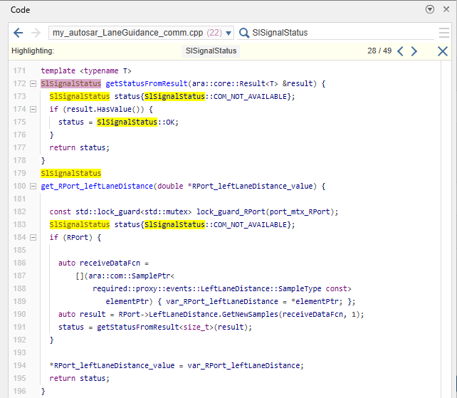 Code view showing my_autosar_LaneGuidance_comm.cpp with SlSignalStatus highlighted in the search results, showing status error handling in the generated service implementation code.