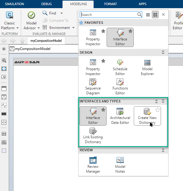 Design menu on the Modeling tab with the Interfaces and Types section highlighted