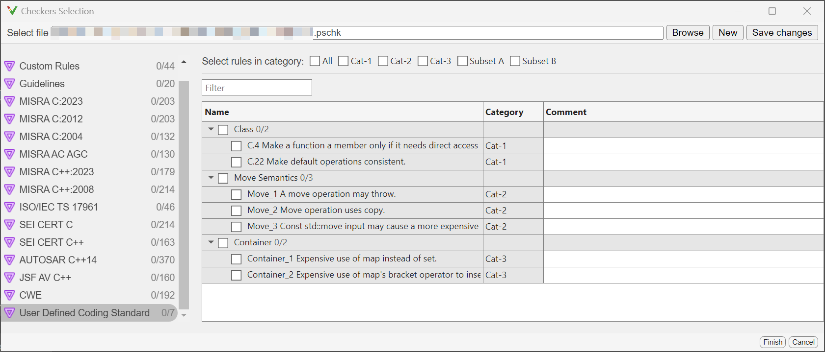 The Checkers Selection window showing the user-defined coding standard.