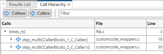 A snapshot of the Call Hierarchy pane showing callers of the 'times_n' function.