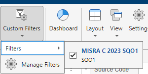 UI showing the selection of a custom filter.