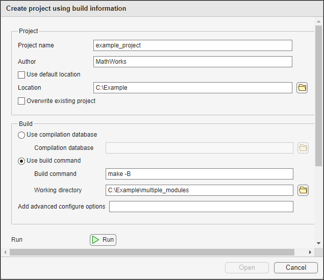 Create project using build information window with build command